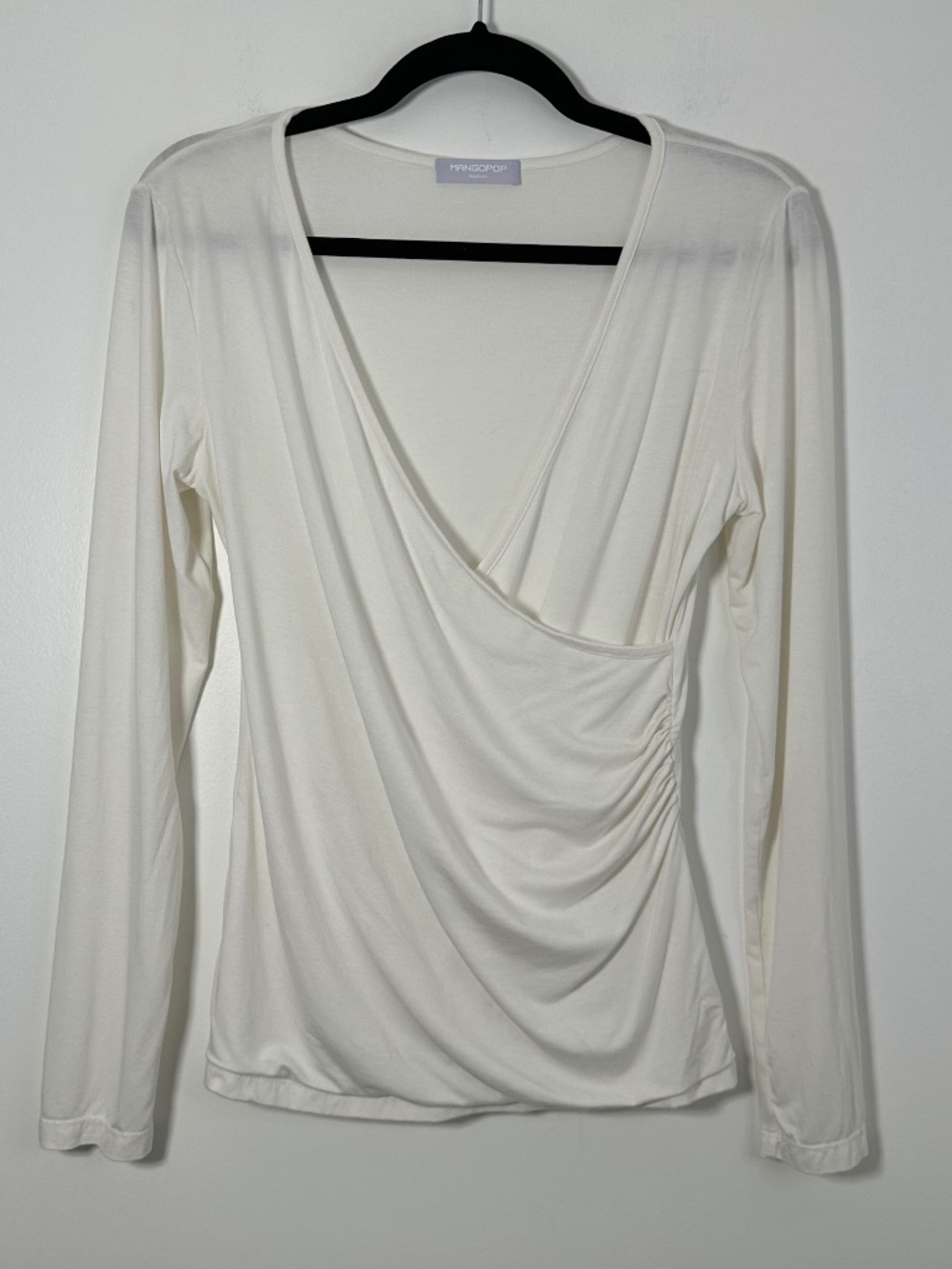 Mangopop Womens Medium Long Sleeve Deep V-Neck Cross Wrap Top White Flowy Boho